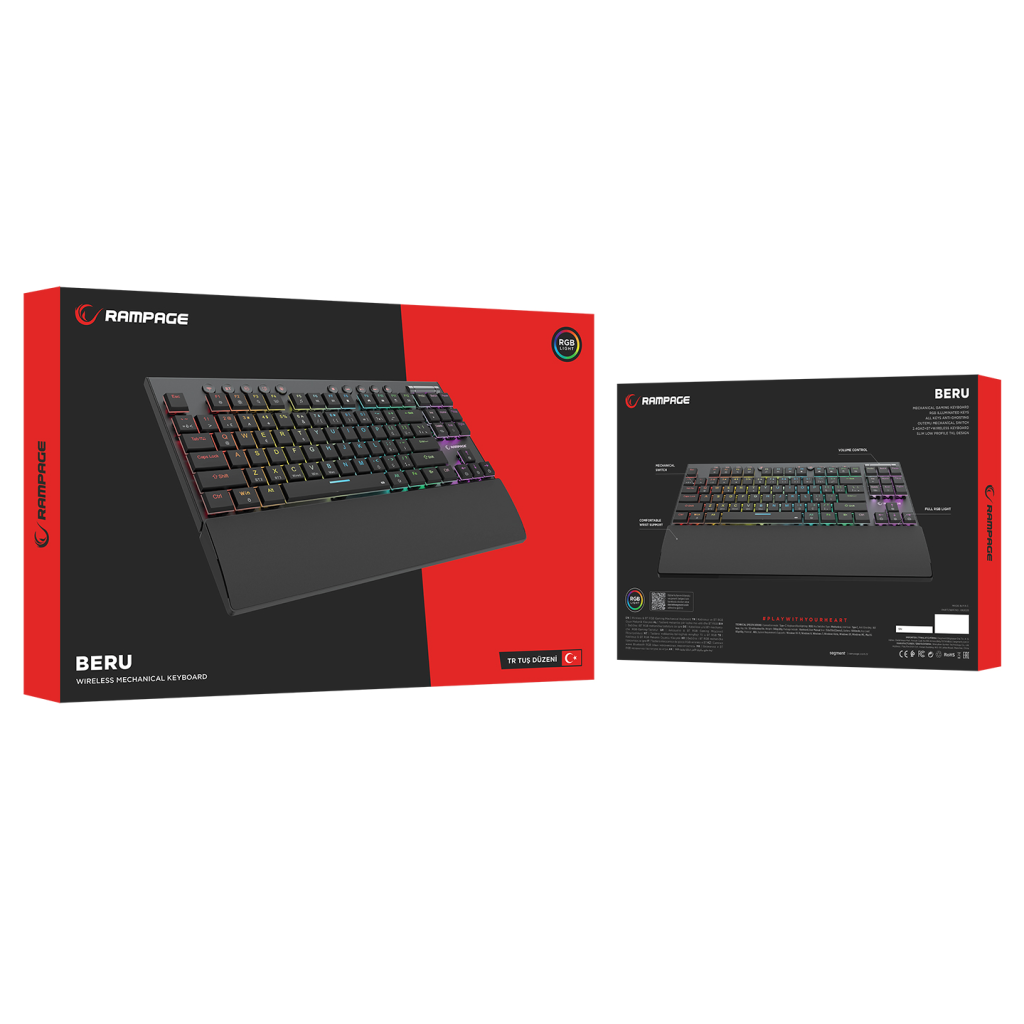 RAMPAGE BERU, Siyah, 2.4Ghz ve Bluetooth Kablosuz, RGB Lighting, RED Mekanik Switch, ABS Case, 1000mAh Bataryalı Gaming Klavye