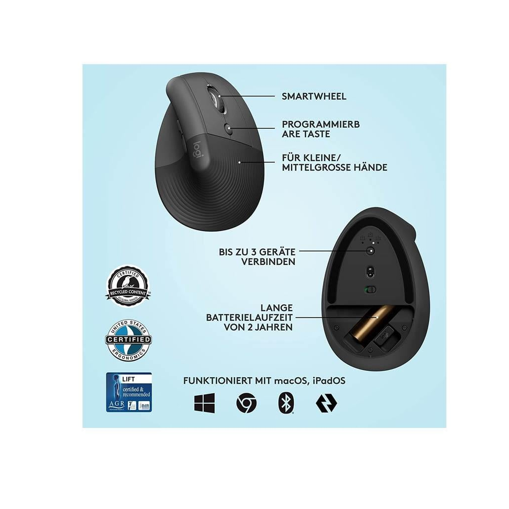 LOGITECH 910-006473, LIFT Siyah,  Bluetooth, 1000dpi, Optik, 6 Tuşlu, Kablosuz, Mouse