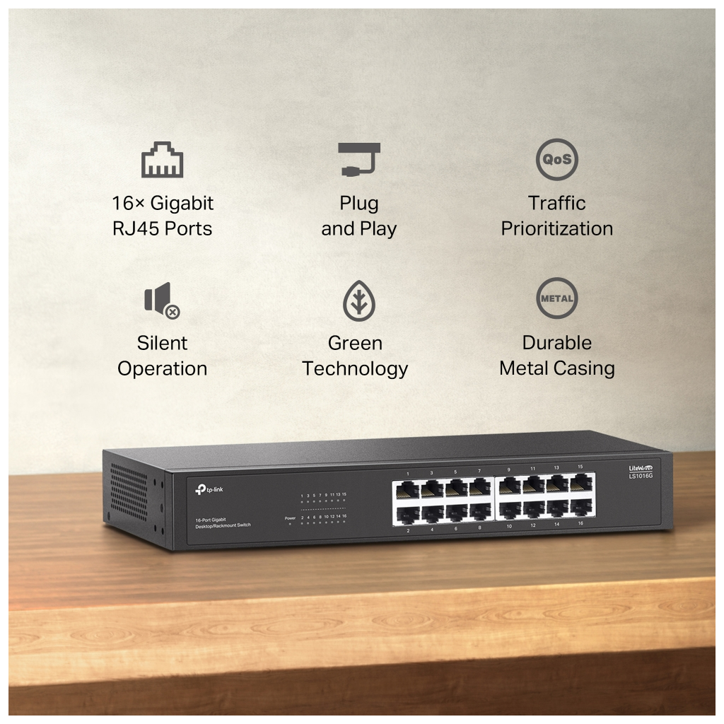 TP-LINK LS1016G, Green Tech, 16 Port GigaBit, Yönetilemez, Metal Kasa, Masaüstü Switch