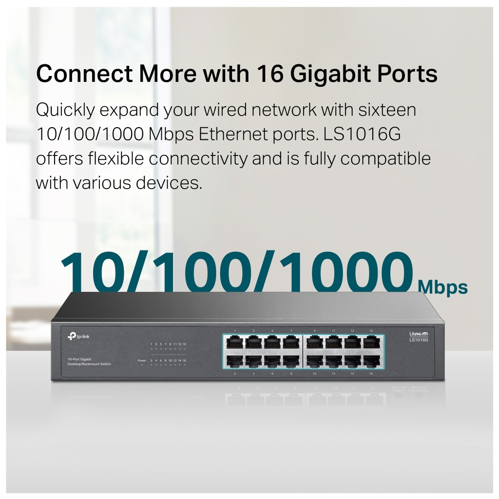 TP-LINK LS1016G, Green Tech, 16 Port GigaBit, Yönetilemez, Metal Kasa, Masaüstü Switch