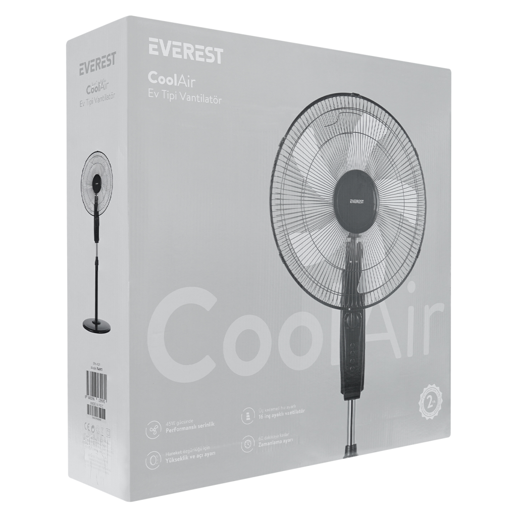 EVEREST FAN11, SİYAH, CoolAir, 3 Kademeli Hız, 40cm 5 Kanat Pervane ve Çerçeve, 45W, Otomatik Salınım, Yükseklik Ayarlı Vantilatör