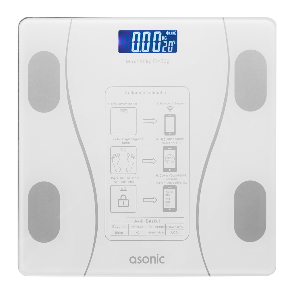 ASONIC BS260, Beyaz, Bluetooth Destekli, Baskül. LCD Gösterge, 260x260mm, 180Kg a kadar ölçme.