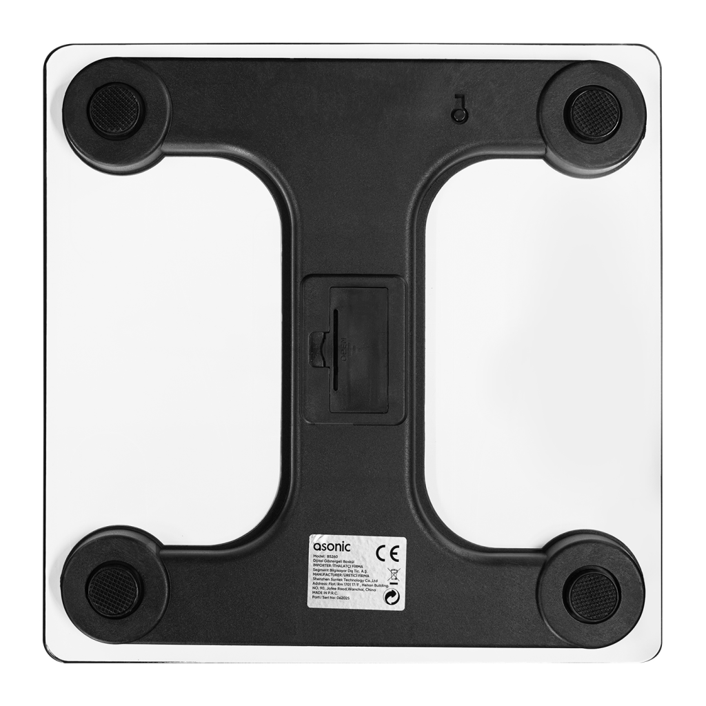 ASONIC BS260, Beyaz, Bluetooth Destekli, Baskül. LCD Gösterge, 260x260mm, 180Kg a kadar ölçme.
