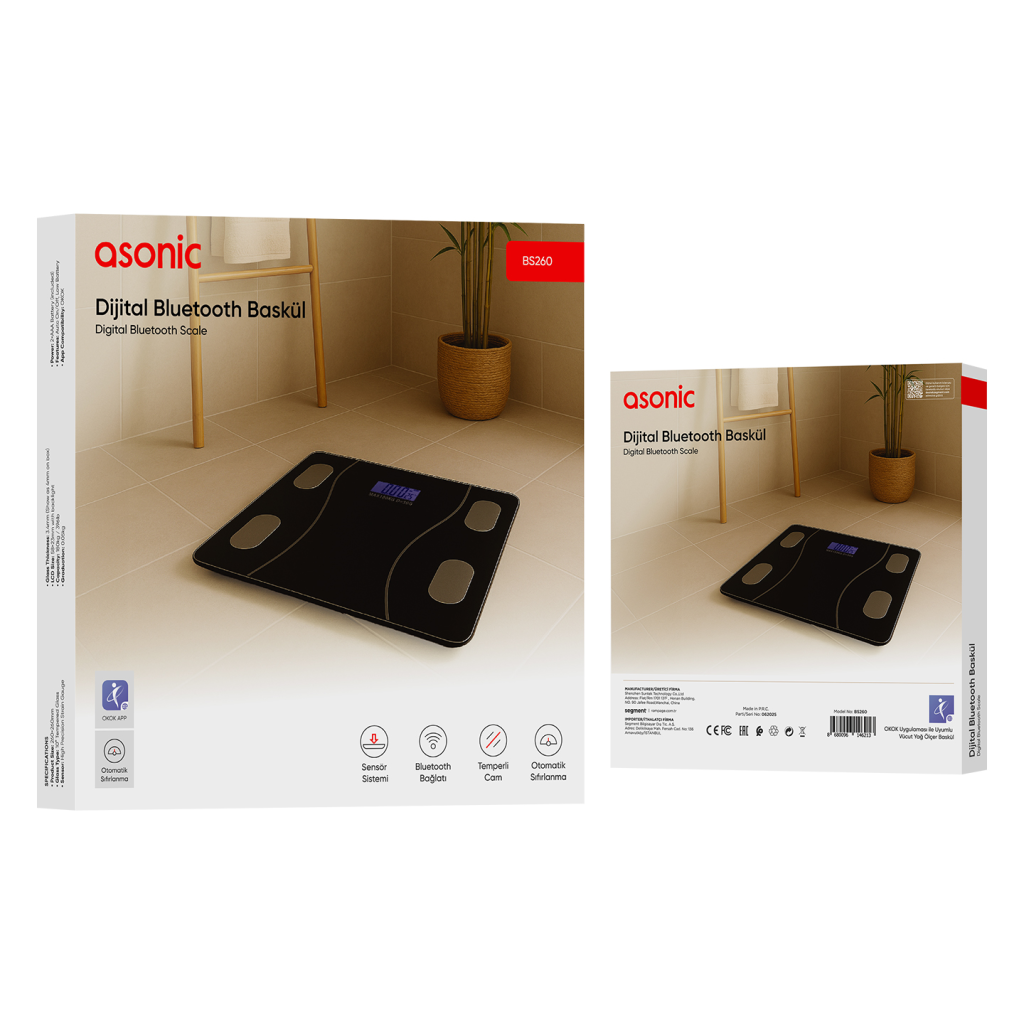ASONIC BS260, Siyah, Bluetooth Destekli, Baskül. LCD Gösterge, 260x260mm, 180Kg a kadar ölçme.
