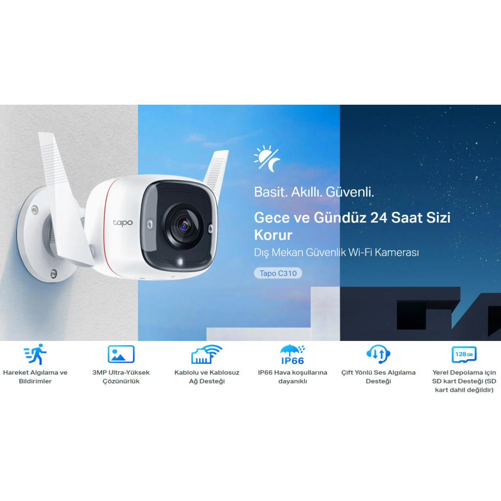 TP-LINK Tapo C310, 3,0Mpix, İç ve Dış Mekan, IP66, WiFi, 30Mt. Gece Görüşü, İki Yönlü Ses Güvenlik Kamerası